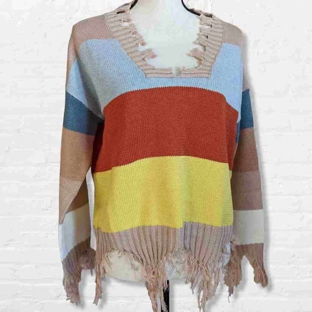 NWT Peach Love Pullover Sweater with Distressed Design Color Block Sweater Women